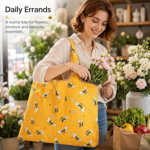 Reusable Shopping Bag, 16 x 16 inch Large Foldable Grocery Hand Tote, Shoulder Waterproof Portable Pocket - color: Yellow Bee