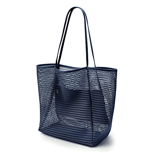 KALIDI Beach Mesh Tote Bag, Casual MAX 23L Summer Foldable Hobo Bag Women - color: Dark Blue