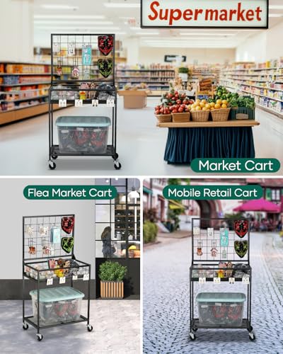 AHOWPD Grid Wall Panels Display Cart - Rolling Heavy Duty Metal Wire Grid Wall Display Stand Rack with 10 Hooks & 10 S Hooks for Craft Shows, Retail Art Fair and Flea Market (Black Cart, 1 pc) - color: Black Cart