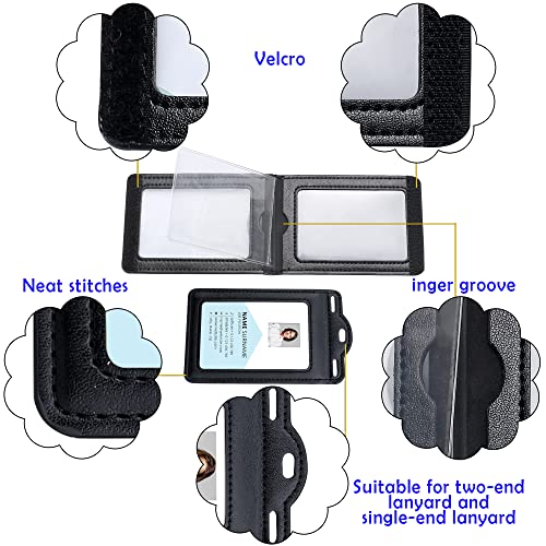 Badge Holder with 2 Lanyard Leather Easily Holds 1 to 6 Cards, Trifold Heavy Duty ID Card Holder, for Nurse Teacher School Medical Law Enforcement - color: Black