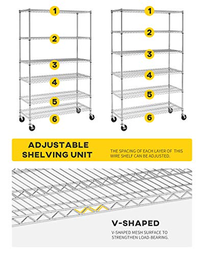 BestOffice | 6-Tier Wire Shelf with Wheels | 18" x 48" x 78" | Chrome - color: Chrome, size: 18"D x 48"W x 77"H