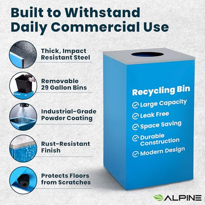 Alpine Commercial Indoor Recycle Bin - 29 Gallon Blue Recycle Bin Recycle Trash Can Office Recycling Bins, Metal Recycling Container with Stickers & 3 Optional Lids (lid Sold Separately) - color: Blue Can