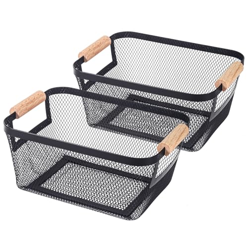 2-Pack Metal Mesh Basket, Small Wire Storage Organizer with Wood Handle for Kitchen Pantry, Bathroom, Cabinet, Closet, Picnic & Home Organization,Small, Black - color: Black, size: 2Pack-Small