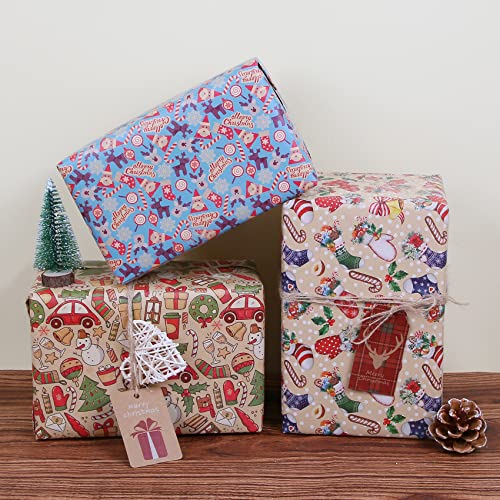 Aimyoo Blue Kraft Christmas Wrapping Paper Roll, Santa Stockings Candy Canes Deer Design, Kids Xmas Gift Wrap Paper 17 inch x 10 ft - color: QX-235, size: 1 Roll (Pack of 1)
