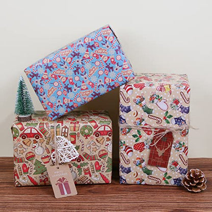 Aimyoo Blue Kraft Christmas Wrapping Paper Roll, Santa Stockings Candy Canes Deer Design, Kids Xmas Gift Wrap Paper 17 inch x 10 ft - color: QX-235, size: 1 Roll (Pack of 1)