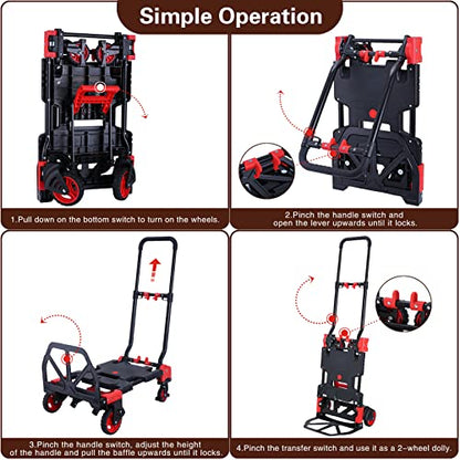 JJSMKCH 2-in-1 Folding Hand Truck Dolly Cart with Wheels 330LB - color: D-red