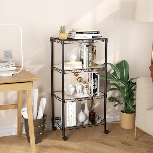 SINGAYE 4 Shelves Storage Shelf Wire Shelving Unit Metal Adjustable Wheels - color: Black, size: 4Tier/11.5"D X 17.5"W X 45"H