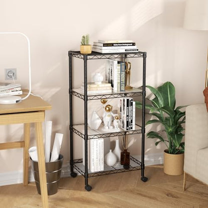 SINGAYE 4 Shelves Storage Shelf Wire Shelving Unit Metal Adjustable Wheels - color: Black, size: 4Tier/11.5"D X 17.5"W X 45"H
