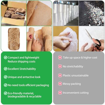 Honeycomb Packing Paper PINENUTS 15" x 131' Eco Friendly Packing for Moving Recyclable Honeycomb Paper Bubble Wrapping with 30 Fragile Sticker Labels and 66fthemp rope (Brown) - color: Brown