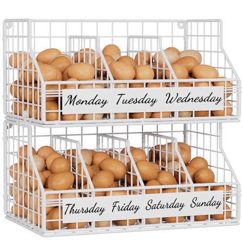 Egg Basket, Stackable Wall Mount Egg Holder Countertop with Weekday Labels - color: White, size: 2-Tier（with printed labels）