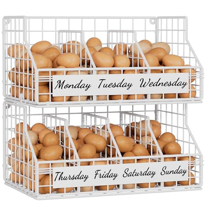 Egg Basket, Stackable Wall Mount Egg Holder Countertop with Weekday Labels - color: White, size: 2-Tier（with printed labels）