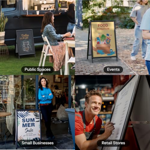 T-SIGN Sidewalk Sign for Indoor & Outdoor Sign - Open Aluminum A Frame Sign Poster Board 24x36 Inches, White Dry Erase Surface - Heavy Duty Double Sided Sandwich Board, Street Advertising Sign Board - color: Black - Premium Dry Erase Surface