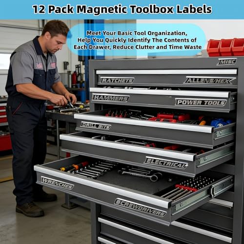 12Pcs 3D Printed Magnetic Toolbox Labels for Metal Drawers, Cabinets, Carts
