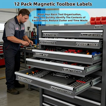 12Pcs 3D Printed Magnetic Toolbox Labels for Metal Drawers, Cabinets, Carts