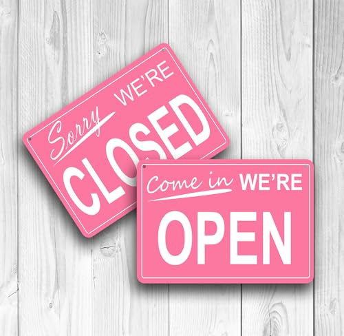 Pink Open Closed Sign | Double Sided Aluminium Composite Door Plaque | Weatherproof UV Print | Easy Hanging, Perfect for Shops, Offices, Cafes - size: 16x12 Inches
