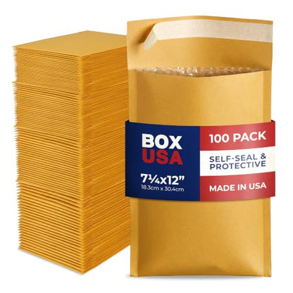 BOX USA 7 1/4 x 12" Kraft Bubble Mailers (100-Pack) - Brown Padded Envelopes, Self-Seal Shipping Bags for Business, Heavy Duty Cushioned Mailing Envelopes for Packaging and Shipping - size: 7-1/4x12" (100-Pack)