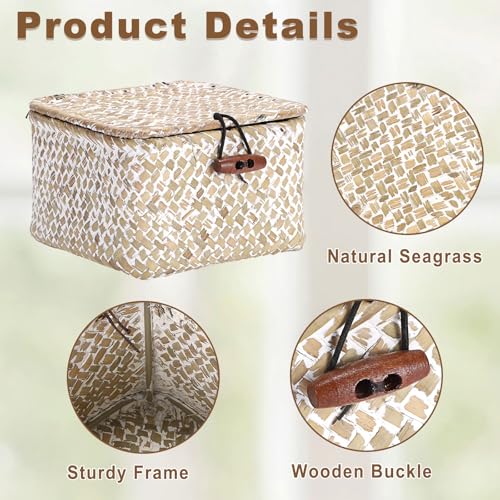 Hipiwe Handwoen Seagrass Basket with Lid Mini Woven Wicker Box,3.5"x3.5"x2" - color: Whitewash color, size: 3.5" x 3.5" x 2"