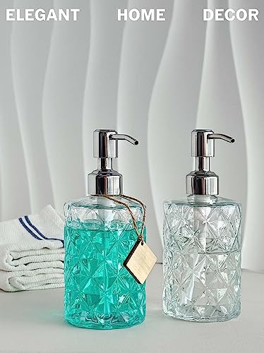 JASAI 2Pack Diamond Embossed Glass Soap Dispenser with 304 Rustproof Stainless Steel Pump, 12 OZ Bathroom soap Dispenser with A Wooden Tag, Elegant Hand Soap Dispenser for Bathroom & Kitchen