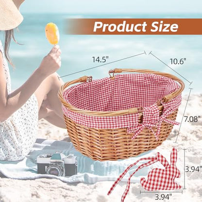 Good GAIN Wicker Picnic Basket w/Fold Handles,Willow Oval Empty Baskets,Red - color: Red