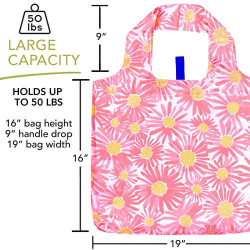 rockflowerpaper Reusable Grocery Bags - Washable, Foldable, Packable Tote, Large Handles, Heavy Duty, Zippered Top Pouch - color: Daisies