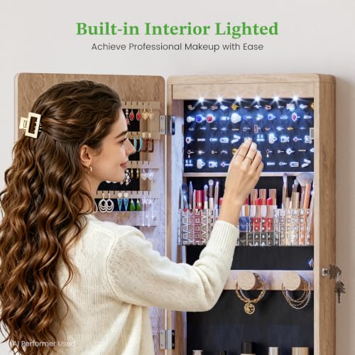 HNEBC Over the Door Organizer, Jewelry Cabinet with Lights,Brown - color: 21-Brown