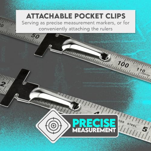 SE Stainless Steel SAE Metric Ruler Set - Stainless Steel Precision Ruler Measuring Tool - Detachable Clips - Set of 2 Pcs - 925PSR-2