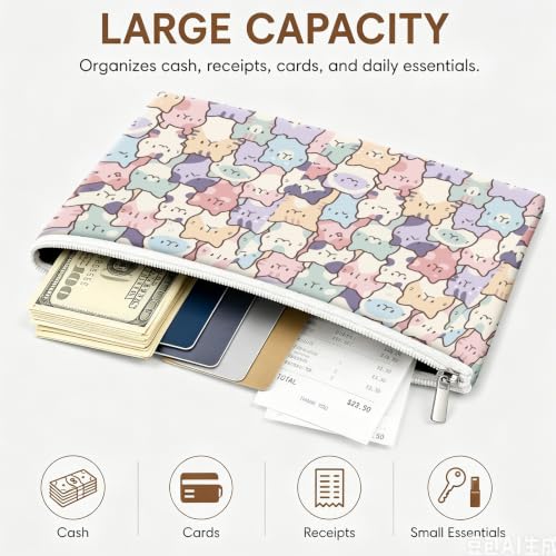 Money Bag with Zipper, Cute PU Leather Cash Bags, Portable Bank Bag Money Pouch for Cash, Coins, Checks, Receipts, Invoices Cosmetics Tools, Deposit Bag for Office Travel, Cute Cat - color: Cute Cat