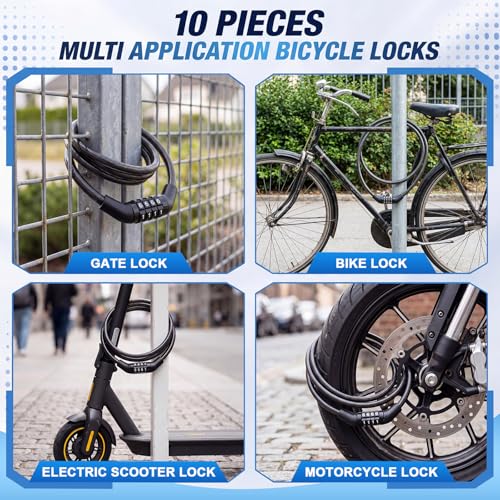 Hotop 10 Pcs 3 Feet Bike Lock Cable with Combination, Coiled Preset Bike Lock High Security 4 Digit Bicycle Locks Anti Theft Bikes Accessories Black Bicycle Cable Locks, 5/6 Inch Diameter - size: 3 Feet