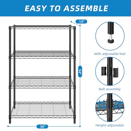 Guan River 4-Shelf Adjustable Metal Wire Shelving,Black,36"L x 14"W x 54"H - color: Black, size: 36"L x 14"W x 54"H