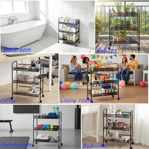 3 Tier Metal Rolling Storage Cart Movable, with Wheels, Black - color: Black