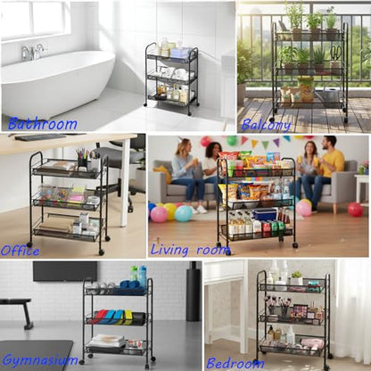 3 Tier Metal Rolling Storage Cart Movable, with Wheels, Black - color: Black