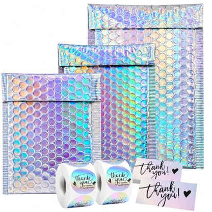 50Pack Bubble Mailers, Holographic Bubble Padded Envelopes, 3 Sizes