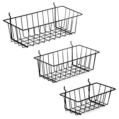 Pegboard Basket Set - 3 Pack - Hooks to 1/4" Hole Peg Board - Better Tool Organization - Organize Tools, Workbench, Accessories, Garage Storage - Wall Organizer Attachments, Black Wire Pegboard Basket