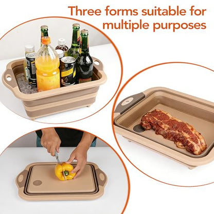 QiMH Collapsible BBQ Prep Tub, Picnic Basket with Lid, Foldable Dish Basin, Food Grade Silicone Cutting Board for Washing and Draining Veggies and Fruits, Portable for Camping, Traveling, and Kitchen - color: sandstone