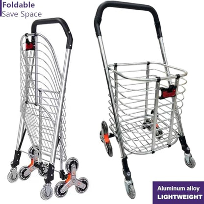 Foldable Stairs Climbing Shopping Cart with Waterproof Basket Liner，Aluminium Alloy Lightweight Collapsible Grocery Dolly Cart，Portable Rolling Utility Trolley，49L