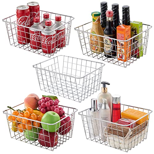 JUNCHU CHERRY Wire Kitchen Storage Basket 5 Packs,Perfect Pantry Organization Accessories Baskets,Laundry Basket,Countertop Organization,Suitable for Kitchen,bathroom,bedroom,Tabletop,Stackable,Chrome - color: Chrome