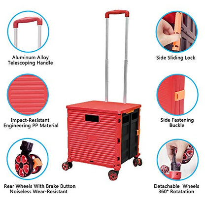 Quick Utility Cart Four -Rotate Wheeled Collapsible Handcart with Durable Heavy Duty Plastic Telescoping Handle for Travel Shopping Moving Luggage Office Use - color: Red
