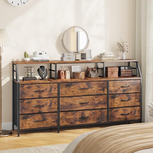 Homkdom Dresser for Bedroom with 9 Fabric Drawers & 55.12" W Display Shelf - color: Rustic Brown