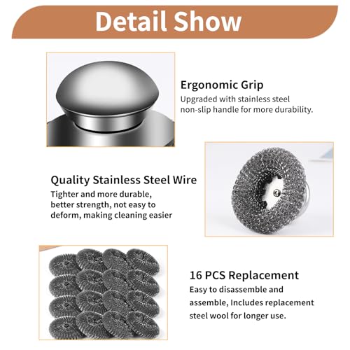 15pcs Steel Wool Scrubber with Replacement Wire Sponge Pads, Steel Scrubber - size: 3 Handle+12 Pads