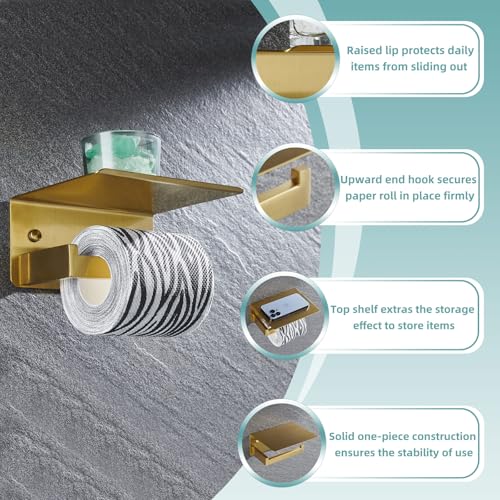 APLusee Brushed Dark Gold Toilet Paper Holder with Shelf, Wall Mounted - color: Brushed Dark Gold, size: Single Rod