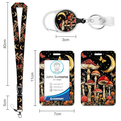 HAKUNEI Mushroom Moon ID Badge Holder with Lanyard Starry Sky and Moon Retractable Badge Reels with Lanyards Mushroom Adjustable ID Badge Clip for Women Teacher Nurses Doctor Student Gift - color: Mushroom Moon