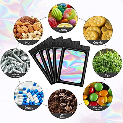 Funfery 100pcs Black Mylar Holographic Bags-Resealable Zipper&Clear Window - color: Black, size: 3.9 x 7.1 Inch