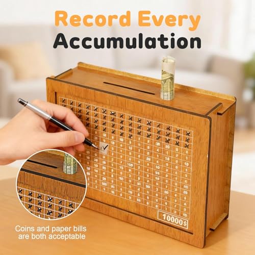 Cash Vault Wooden Savings Box,$10000 Wooden Cash Saver Money Box, Cash Saver Box, Coin Counter Piggy Bank, Money Box with Counter, Wooden Money Box with Money Target and Numbers (Brown) - color: Brown