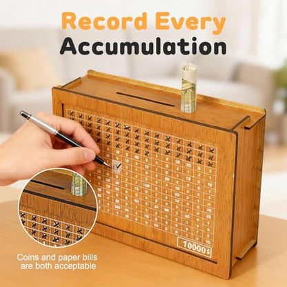 Cash Vault Wooden Savings Box,$10000 Wooden Cash Saver Money Box, Cash Saver Box, Coin Counter Piggy Bank, Money Box with Counter, Wooden Money Box with Money Target and Numbers (Brown) - color: Brown