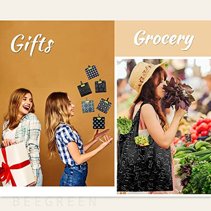 BeeGreen Reusable Shopping Bags for Groceries Reusable Gifts Bag - Grocery Bags Foldable 6 Pack Cute Holiday Cloth Bags With Handles - Large Tote Bag Bulk Heavy Duty Polyester Washable Geometry - color: Black Dots, Gray Geometry