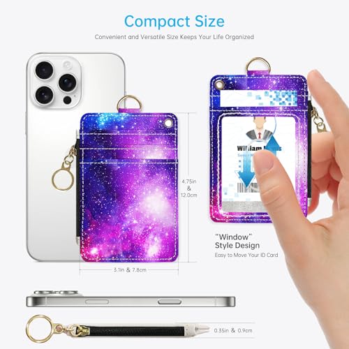 2-in-1 ID Badge Holder & Lanyard Wallet，Cute Zippered Pouch Starry Sky - color: Purple Starry Sky