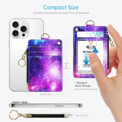 2-in-1 ID Badge Holder & Lanyard Wallet，Cute Zippered Pouch Starry Sky - color: Purple Starry Sky
