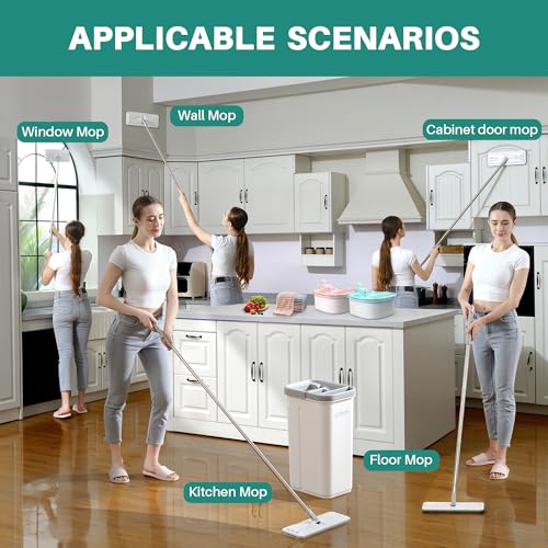 JOYMOOP Bathroom Cleaning Set, Mop and Bucket System with Toilet Brush Set, White, Microfiber Flat Mop for Household & Commercial Floor and Bathroom Cleaning - color: B