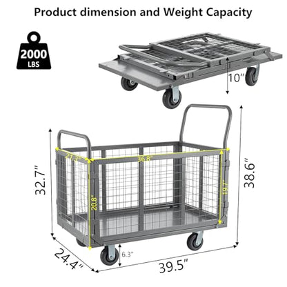 SmarketBuy Platform Truck Cart with Cage, 5 in 1 Heavy Duty Platform Carts with Cage 2000 LBS Capacity Foldable Push Cart Dolly with 5" Casters for Groceries/Garage/Warehouse