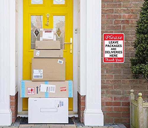 Please Leave Packages and Deliveries Here Sign 2 Pack, 10 x 7 Inches .40 Rust Free Aluminum, UV Protected, Weather Resistant, Waterproof, Durable Ink, Easy to Mount - color: Red Black on white - 10 x 7 inch Aluminum - 2 Pack